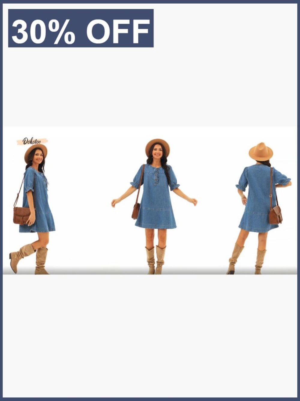 Denim Babydoll Dress with Short Sleeves and Button Front - Picture 7 of 7